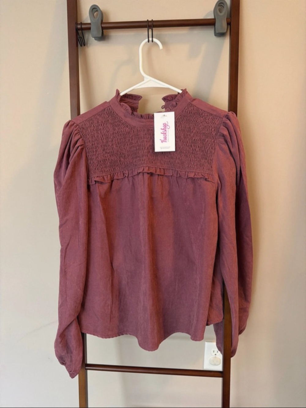 Smocked High-Neck Blouse in Mauve